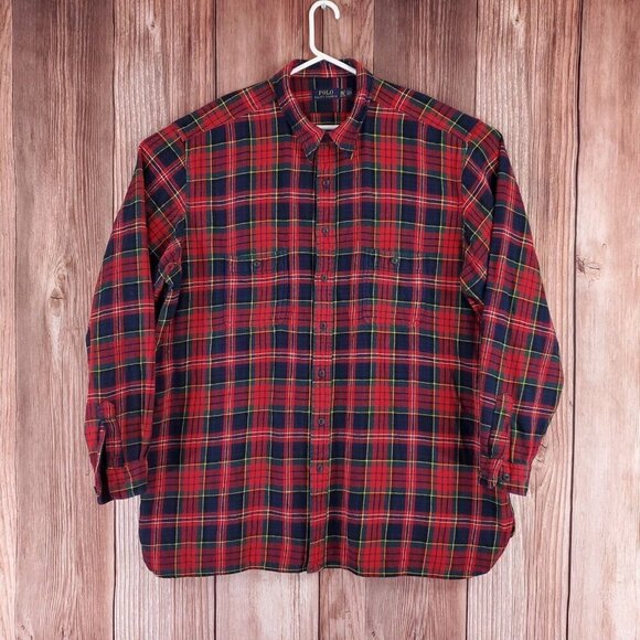 Polo Ralph Lauren Mens 3XLT Tall Red Tartan Plaid Heavy Flannel Button Up Shirt - Picture 1 of 14